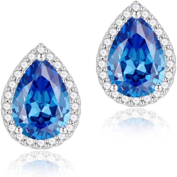 Women's Teardrop Mall Dainty Birthstone Cubic Zirconia Blue Elegant Earring - Picture 1 of 6